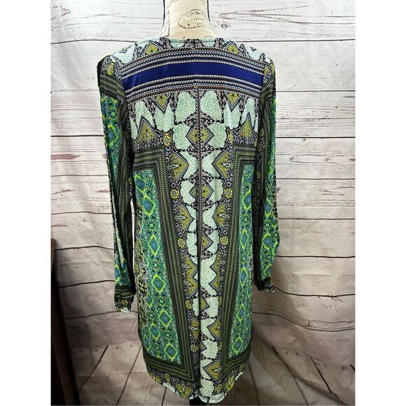 Geometric Print Dress V Neck Long Sleeve Tunic Mini Dress Colorful - Picture 3 of 4